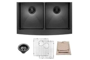 Lordear 33 Inch Farmhouse Sink Apron Front Matte Black Deep Double Bowl 50-50 16 Gauge Stainless Steel Kitchen Sink